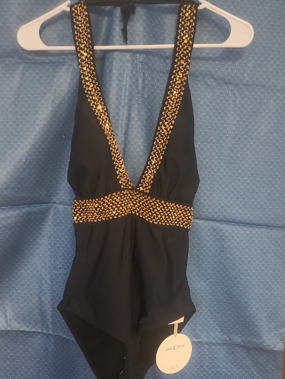 Black Womens Halter One-Piece Swimsuit with Gold Trim